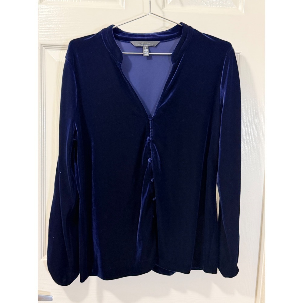 White House Black Market Royal Blue Velvet Button Sleeve V-Neck Blouse Large